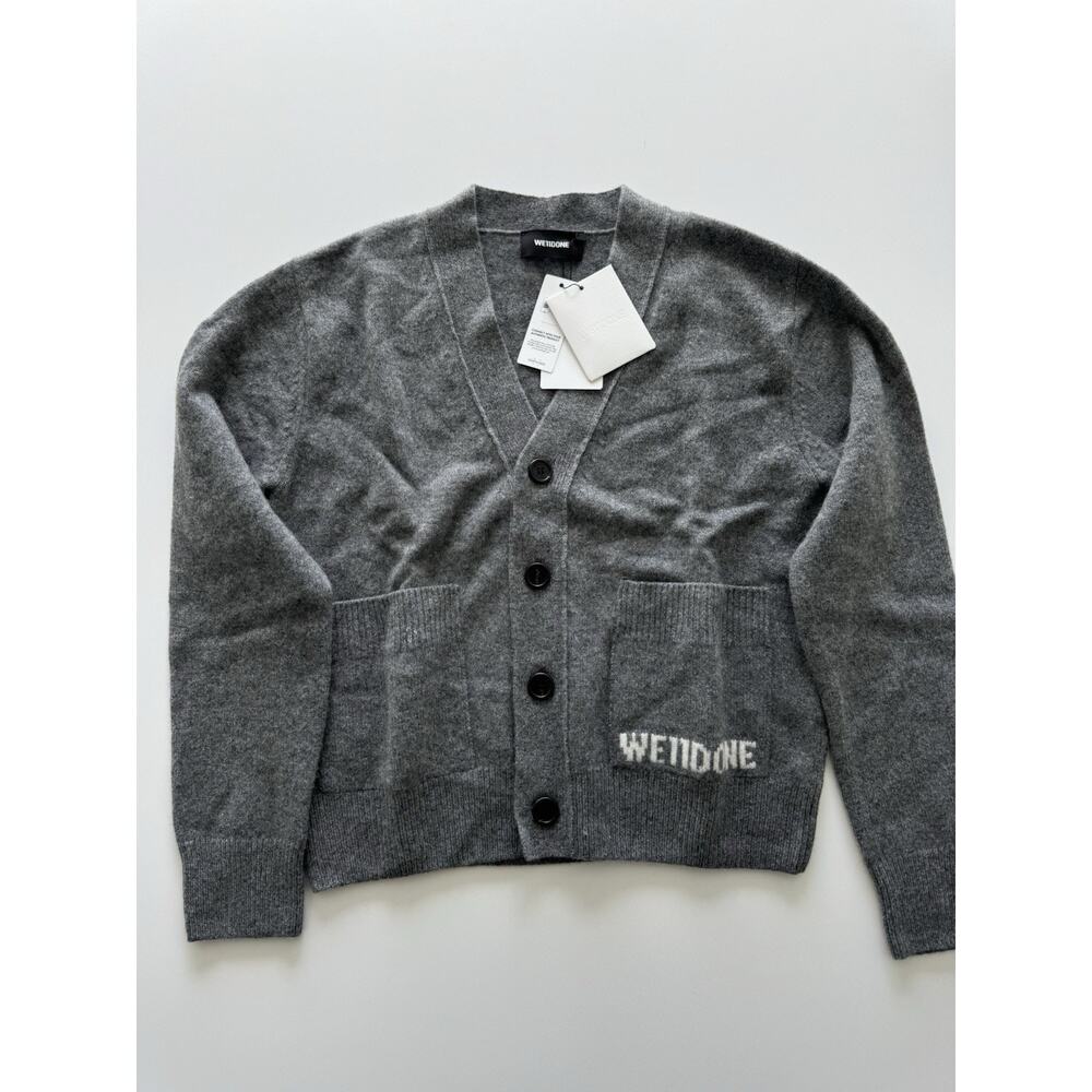 WE11DONE Unisex Cardigan Sweater Charcoal Gray Size S Pocket Logo Knit Wool NWT